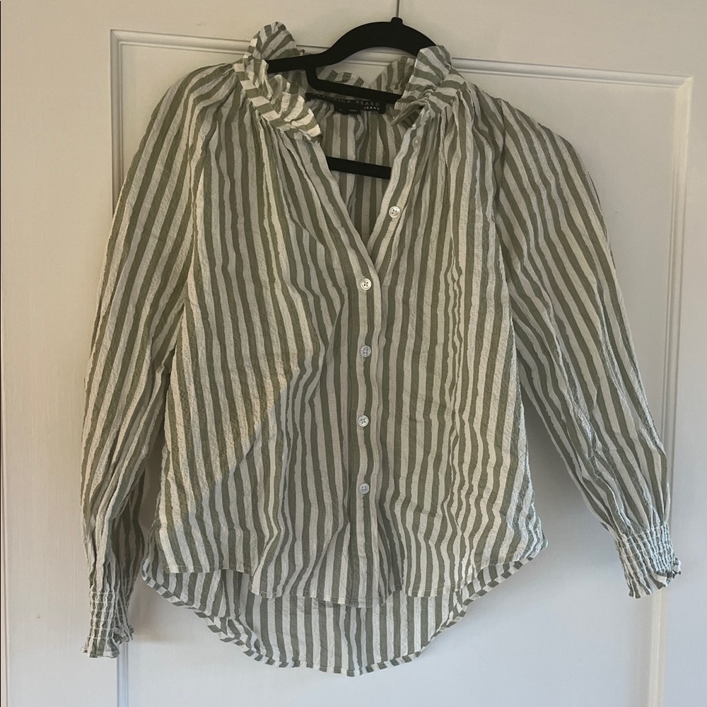 Veronica Beard Olive Green and White Striped Button-Down Shirt